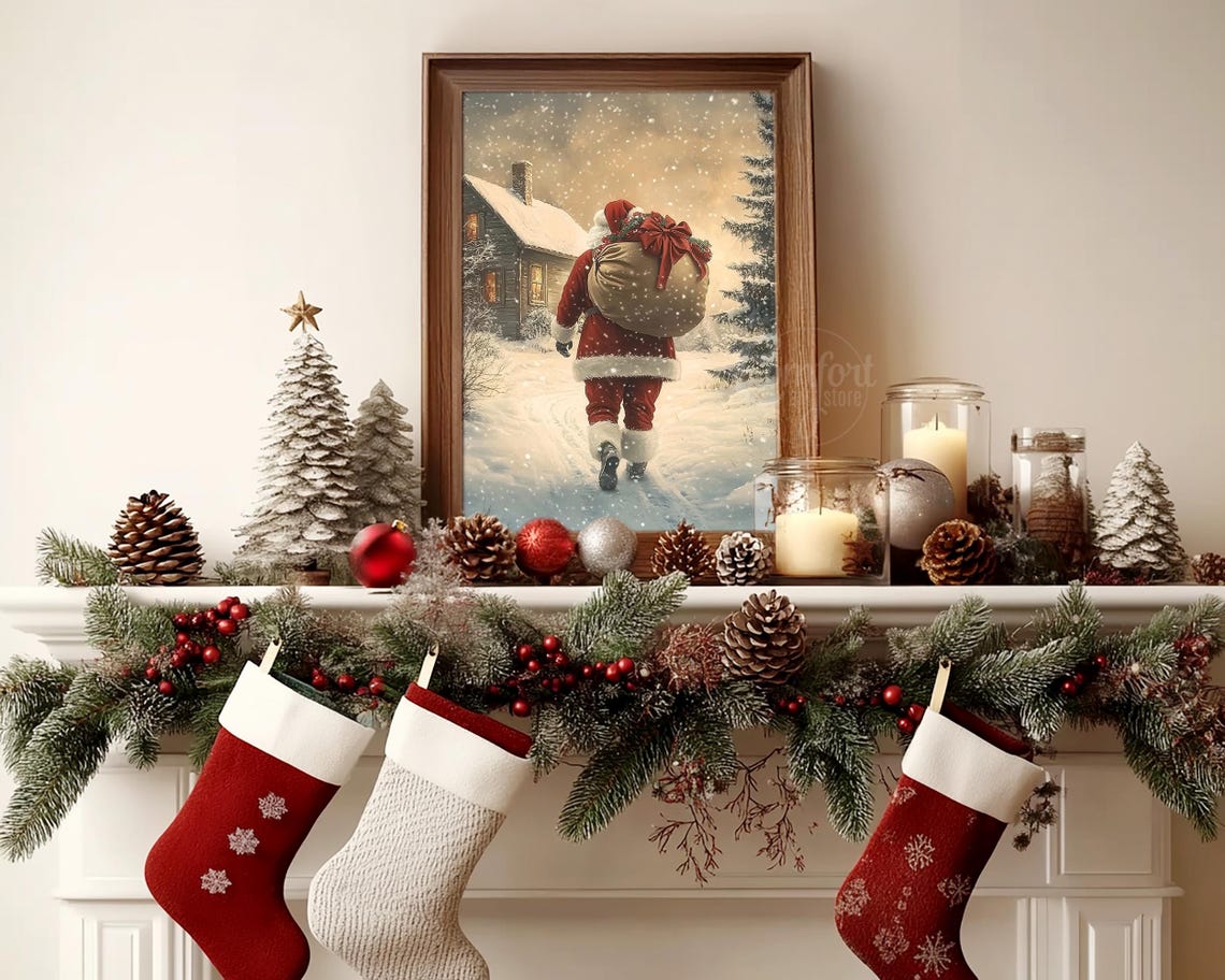 Santa Claus with Tied Gift Sack Walking to Lit House Wall Art - Image 4