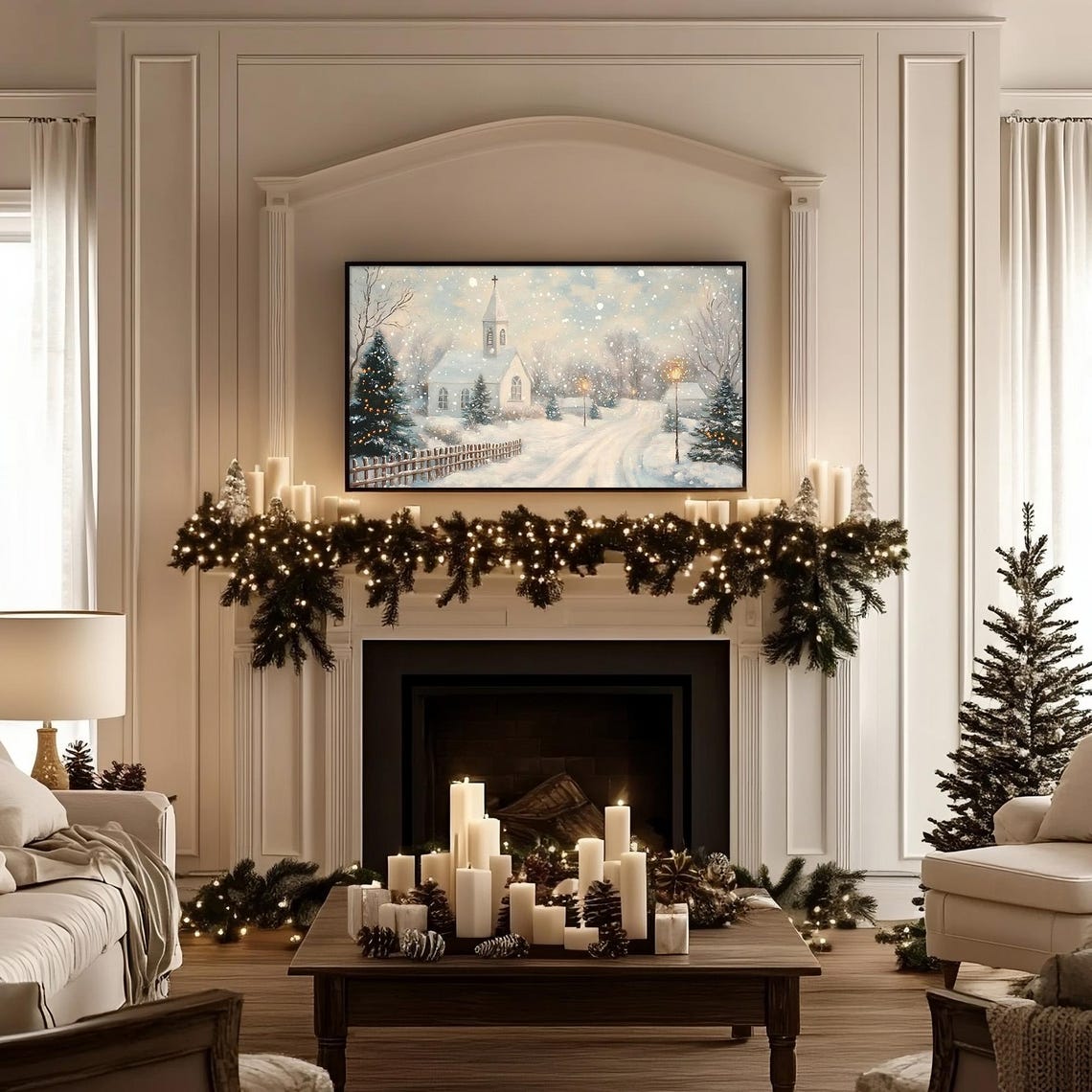 Snowy Country Church With Lamp Posts and Christmas Tree Poster - Image 3