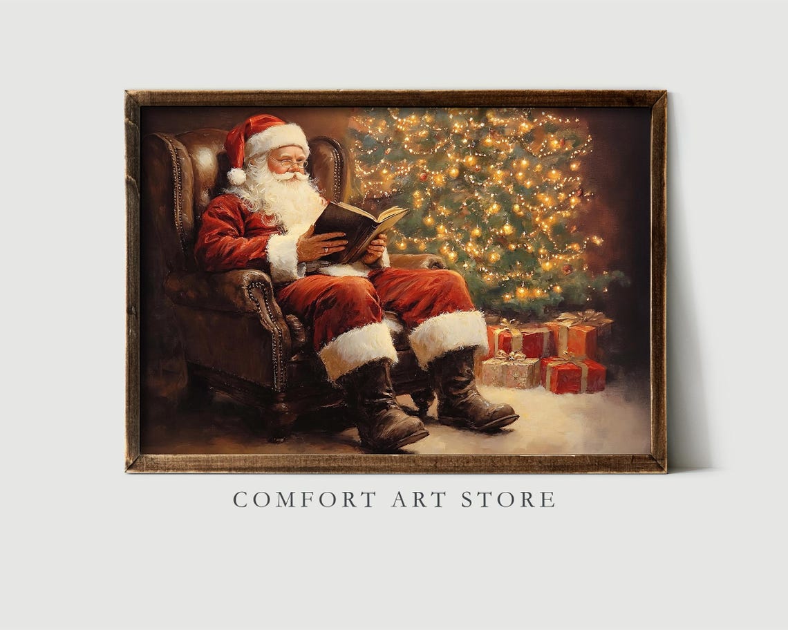Jolly Santa Claus Reading a Book Beside Lit Christmas Tree Poster - Image 5