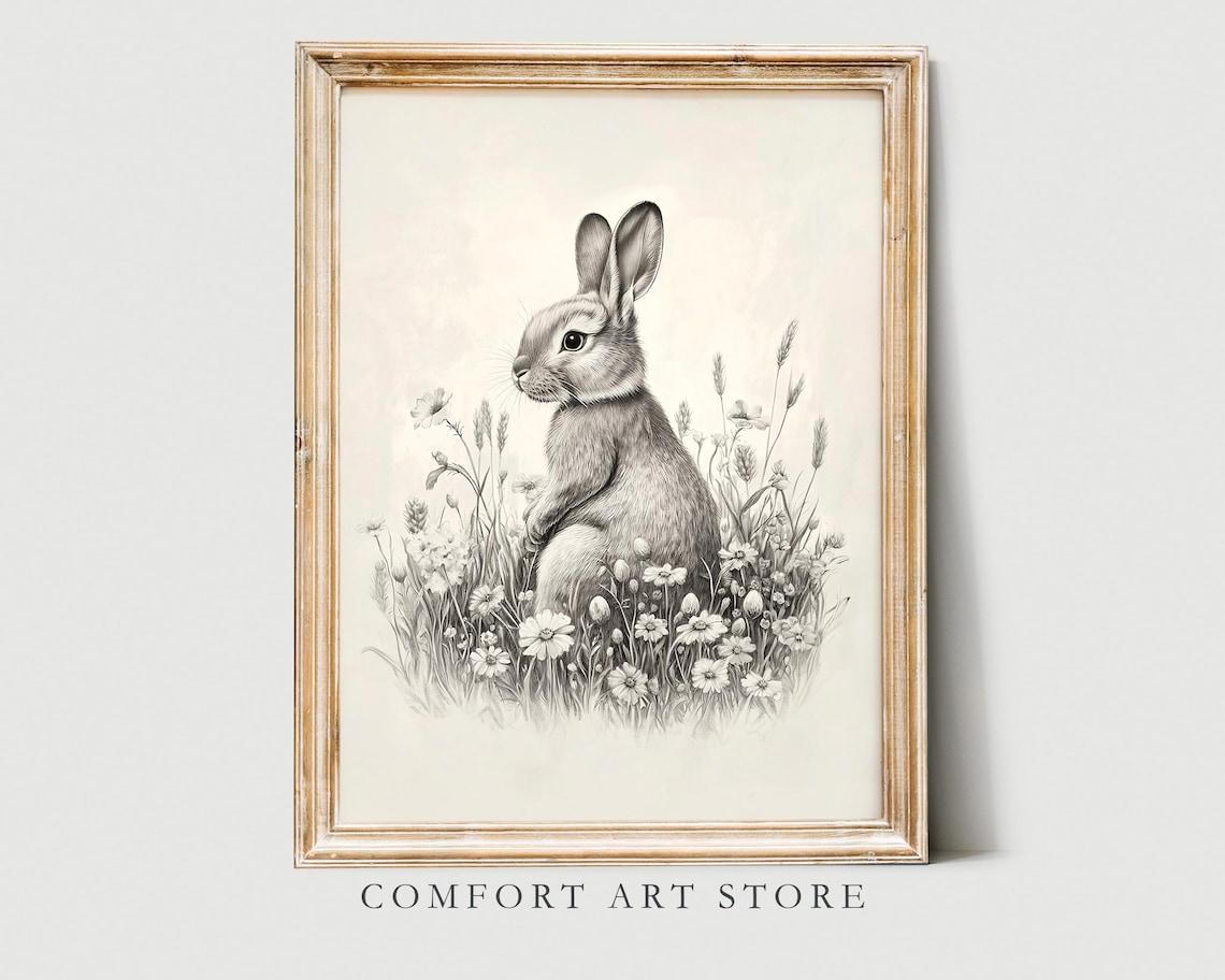 Easter Bunny Sketch, Vintage Easter Nursery Decor