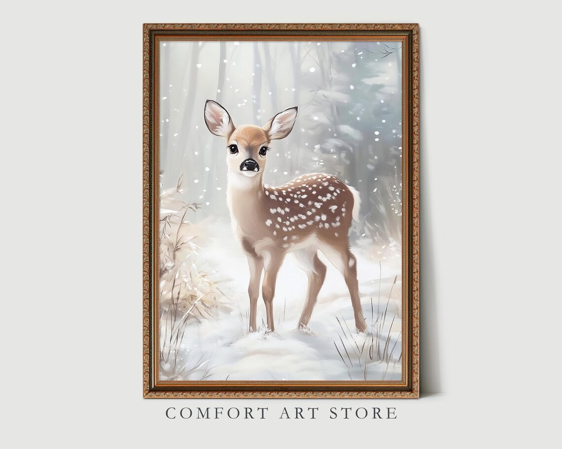 Adorable Baby Deer Fawn Standing in Snowy Winter Forest Poster - Image 3