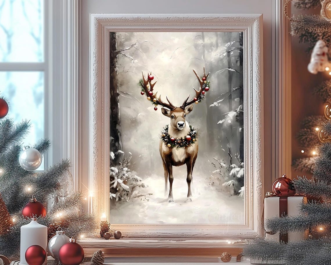 Beautiful Festive Deer with Ornaments on Antlers Misty Snow Poster - Image 8