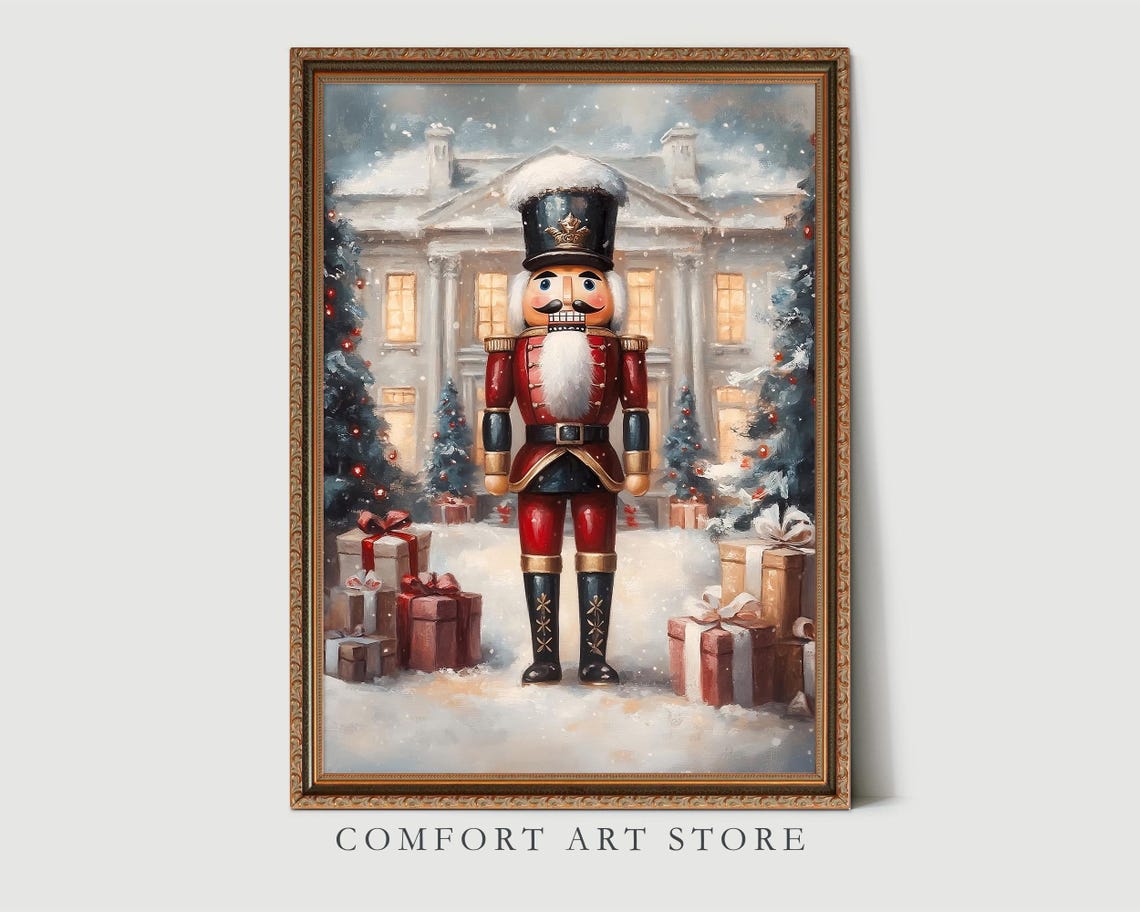 Classic Red Nutcracker Soldier in Snowy Mansion Holiday Scene Poster - Image 3