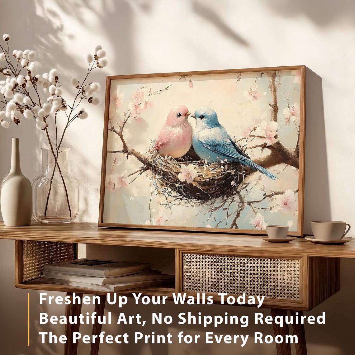 Pink and Blue Lovebirds Kissing Nest Cherry Blossom Love Poster - Image 5
