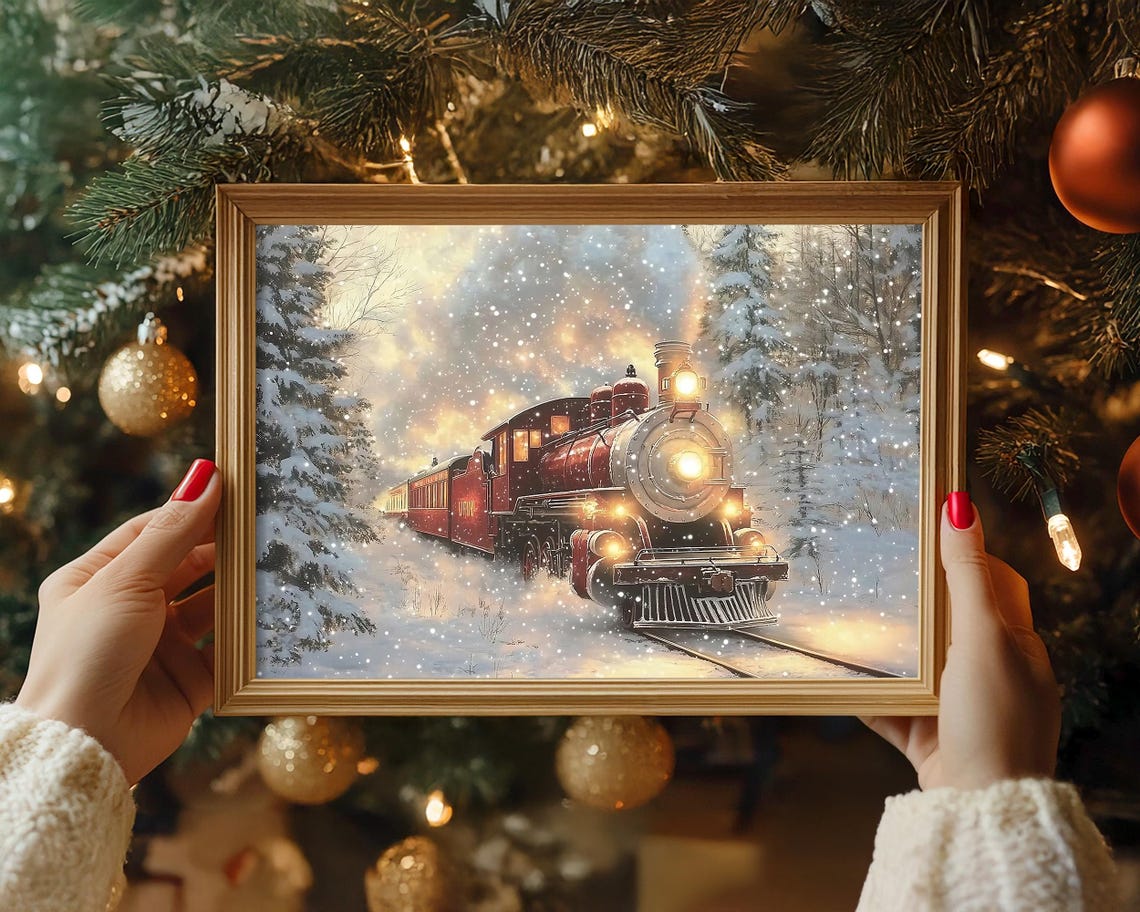 Red Steam Locomotive in Snowy Winter Forest at Dusk Wall Art - Image 4