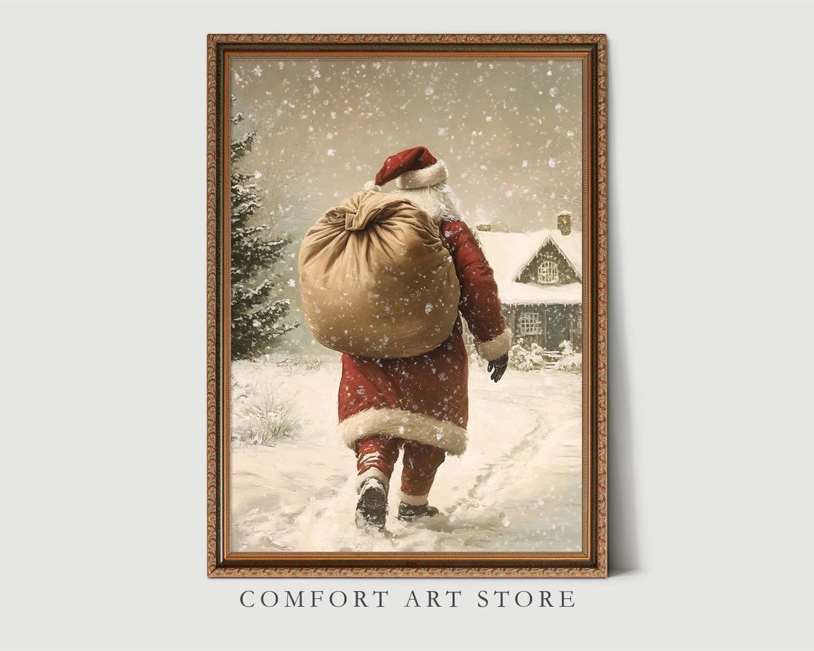Santa Claus Carrying Gifts on Snowy Path to a Cabin Wall Art - Image 3