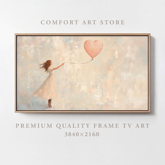 Valentines Day Frame Tv Art Frame Tv Pink Heart Balloon Frame Tv Vintage Valentine Woman Balloon Painting Moody Romantic Home Dcor
