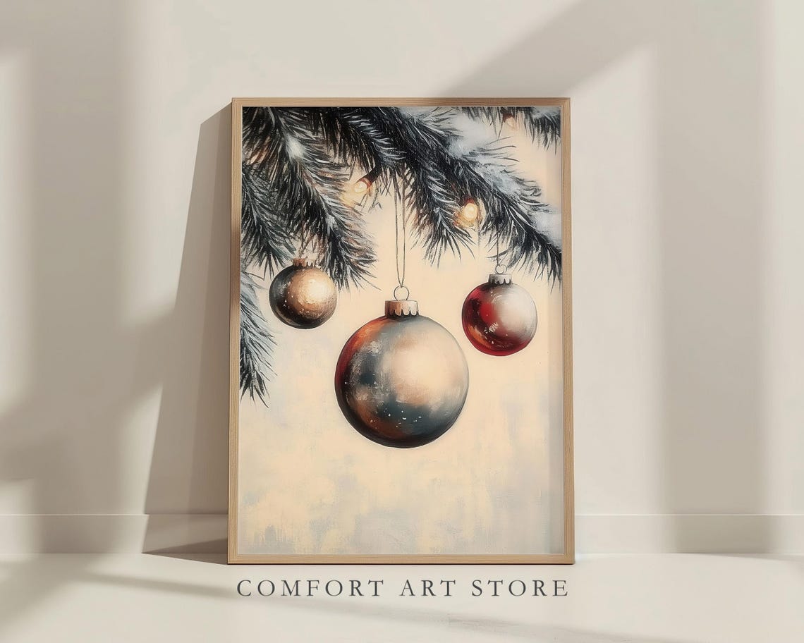 Elegant Vintage Christmas Ornaments on Snowy Pine Branch Poster - Image 7