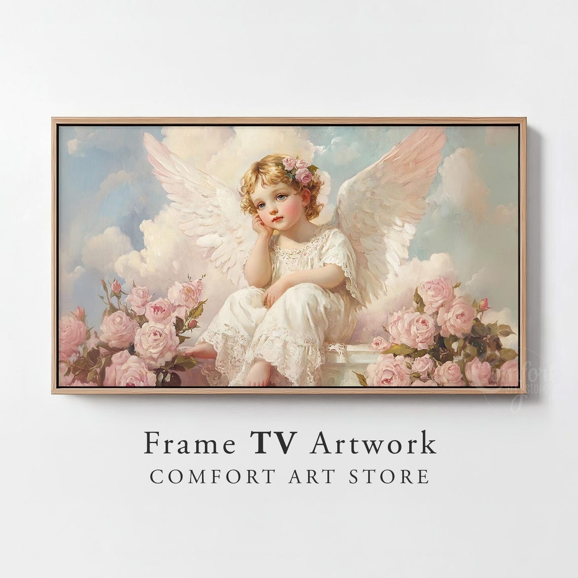 Dreamy Cherub Angel Roses Frame TV Artwork Romantic Vintage Poster