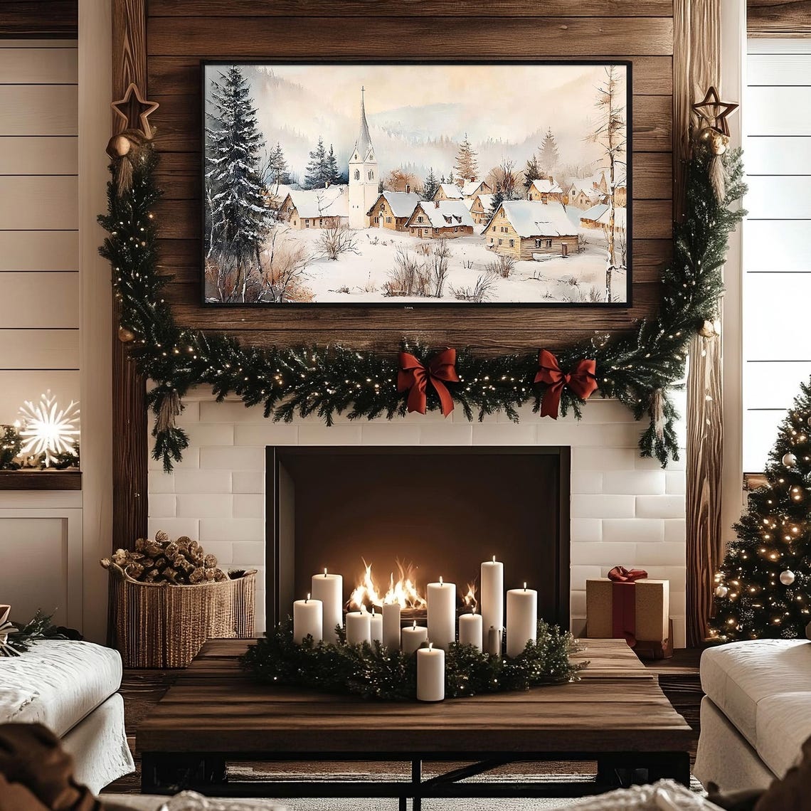 Frame Tv Art Snowy Alpine Village Vintage Christmas Antique Winter Scene Winter Landscape Painting Holiday Christmas Frame Tv Art - Image 3