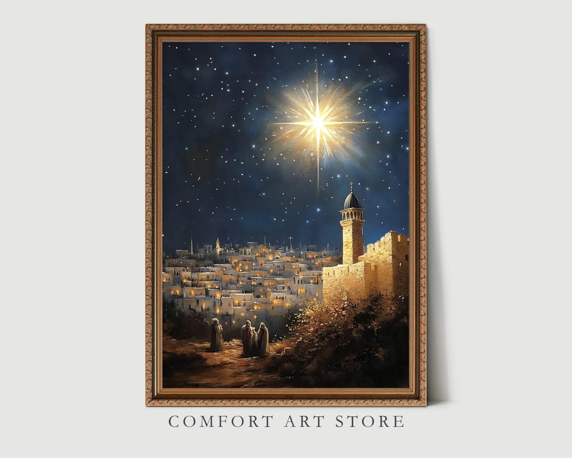 Antique Vintage Star Of Bethlehem Print Christian Nativity Scene Christmas Star Wall Art Christian Christian Print Oil Painting - Image 4