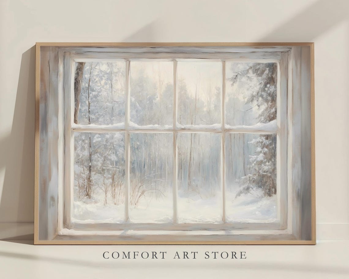 Antique Style Winter Window With Snowy Woodland View Vintage Print - Image 8