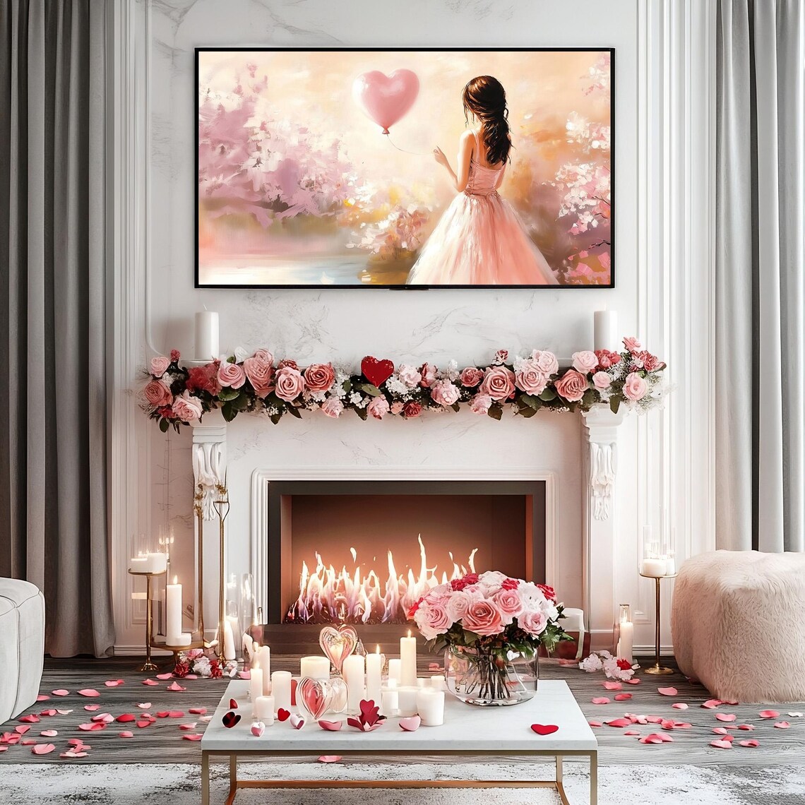 Woman With Heart Balloon Cherry Blossom Frame TV Art Romantic Poster - Image 3