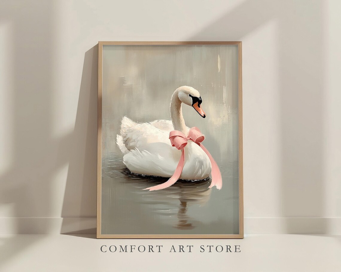 Vintage Valentines Swan Art Print, Pastel Pink
