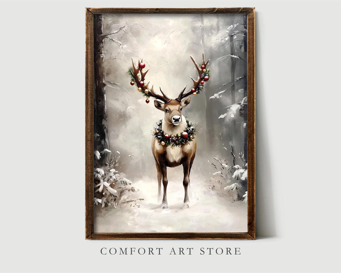 Beautiful Festive Deer with Ornaments on Antlers Misty Snow Poster - Image 2