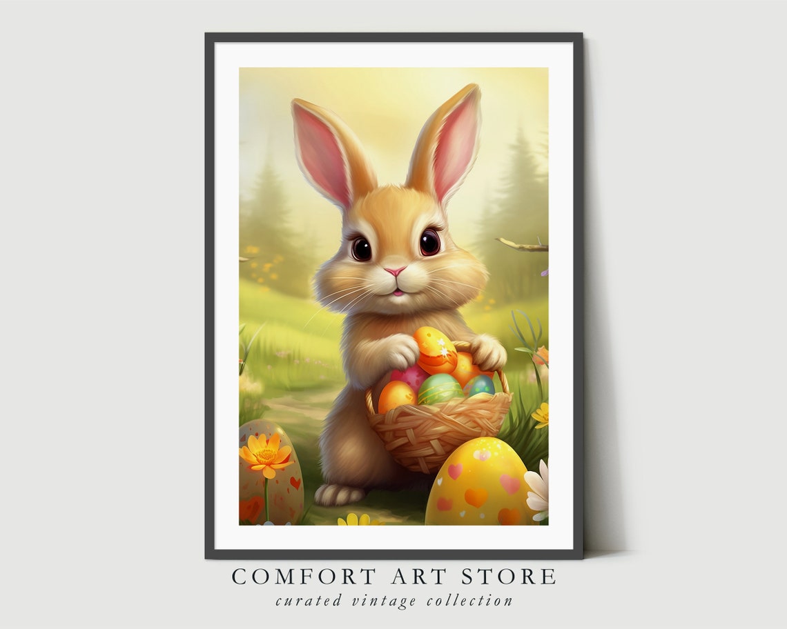 Adorable Bunny Holding Easter Egg Basket in Spring Meadow Wall Art - Image 6