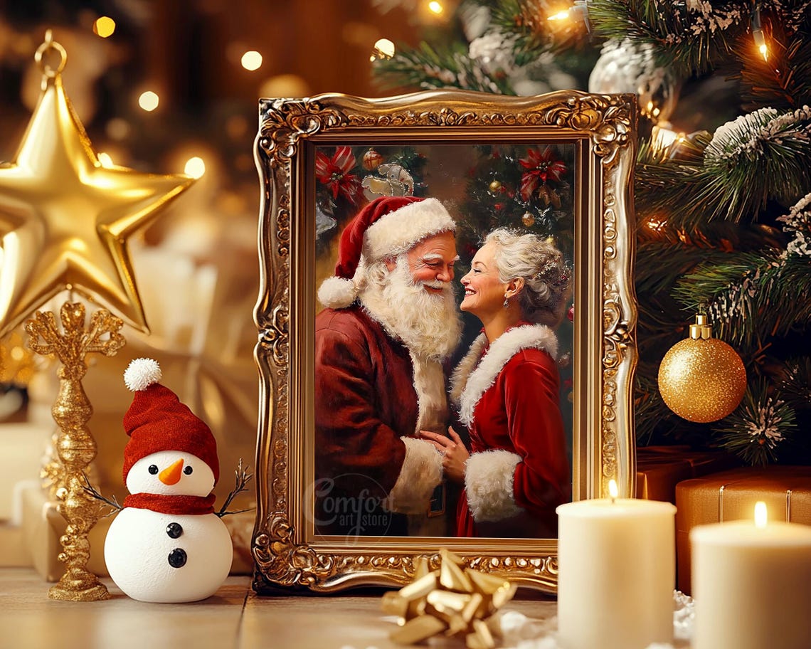 Santa and Mrs Claus Embracing in Front of Christmas Tree Poster - Image 7