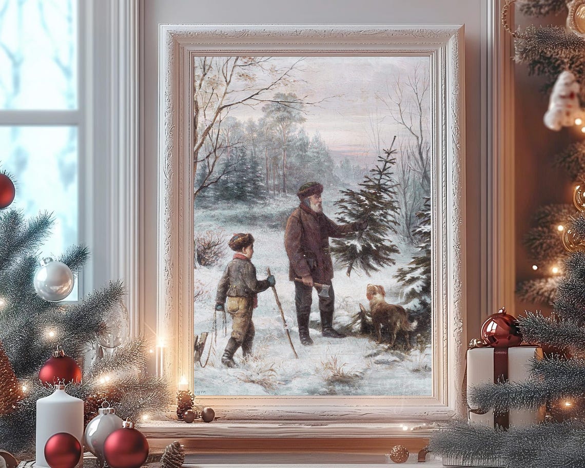 Vintage Painting of Father and Son Cutting Christmas Tree Wall Art - Image 4