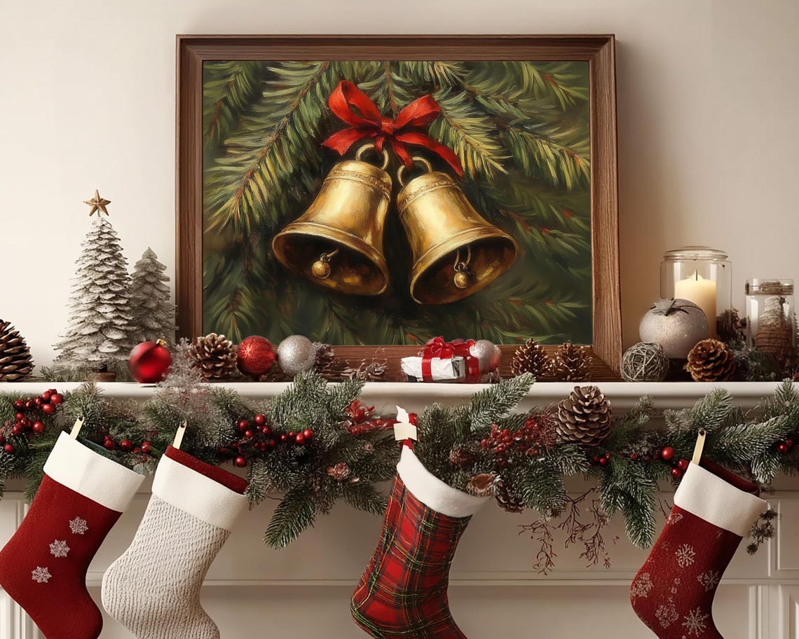 Vintage Christmas Wall Art Christmas Jingle Bells Print Winter Holiday Decor Antique Christmas Golden Bells Neutral Oil Painting Winter Pine - Image 7
