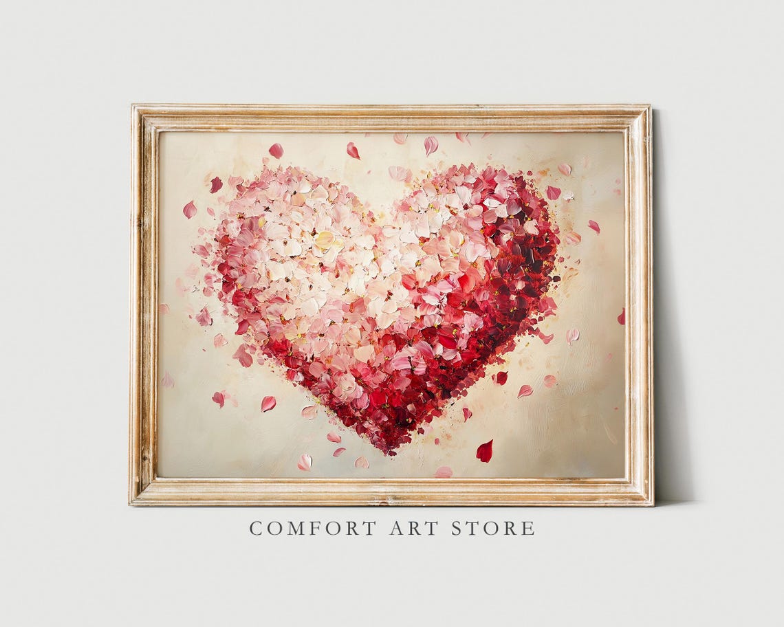 Red Pink Petal Heart Oil Painting Romantic Valentines Day Decor Poster