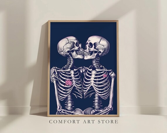 Kissing Skeletons With Pink Rose Dark Navy Gothic Romance Wall Art