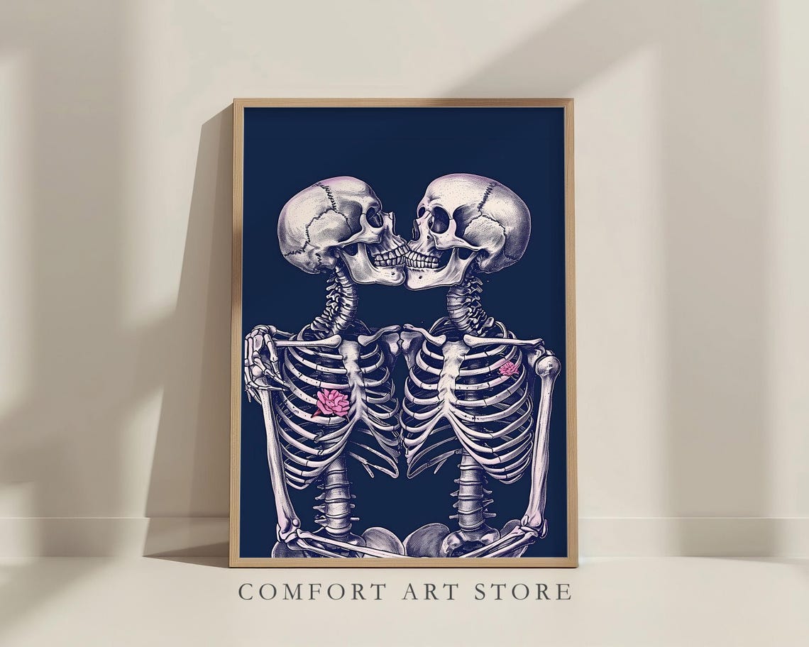 Kissing Skeletons With Pink Rose Dark Navy Gothic Romance Wall Art