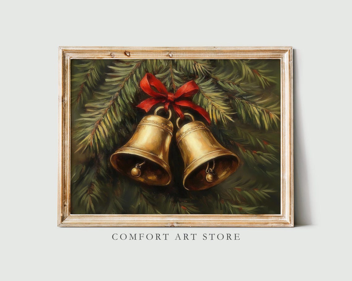 Vintage Golden Christmas Bells Red Bow on Pine Branches Poster