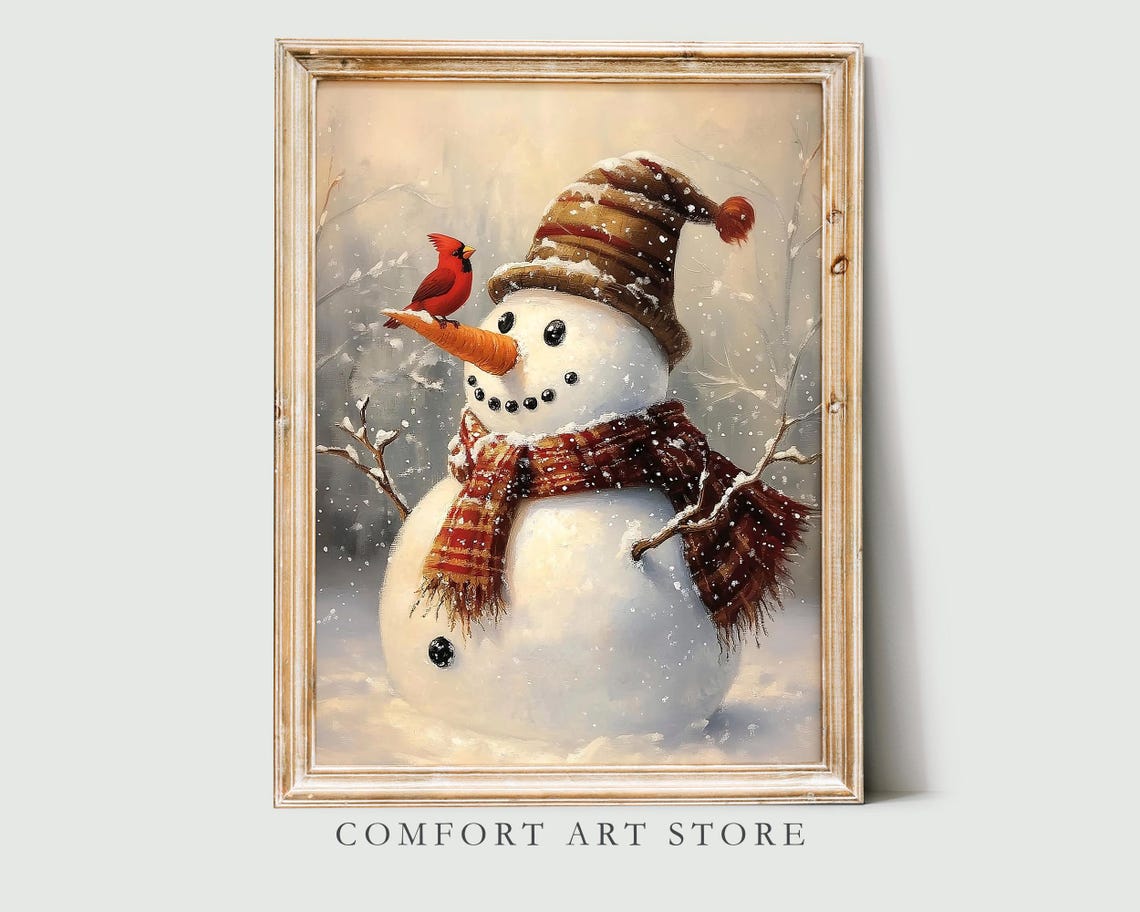Snowman with Striped Knit Hat and Cardinal on Carrot Nose Wall Art