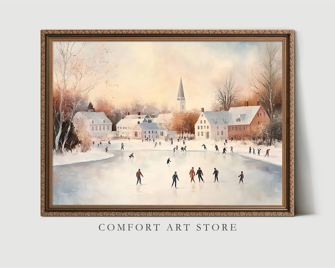 People Ice Skating on Village Pond in Vintage Winter Wall Art - Image 6