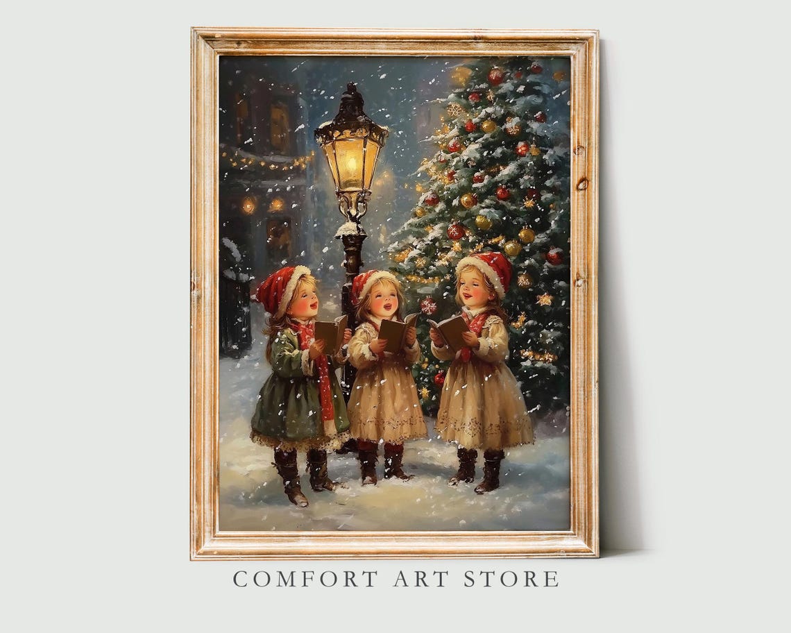 Children Caroling Street Lamp Christmas Tree Vintage Storybook Poster