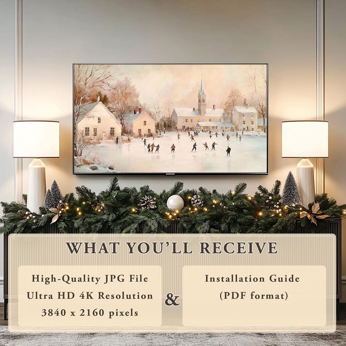 Victorian Winter Village Frozen Pond Ice Skating Scene Poster - Image 4