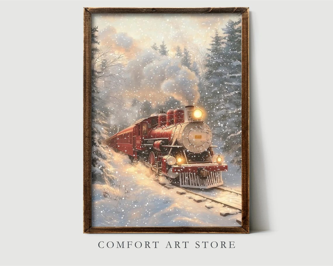 Classic Red Steam Engine in Snowy Pine Forest Snowstorm Wall Art - Image 2