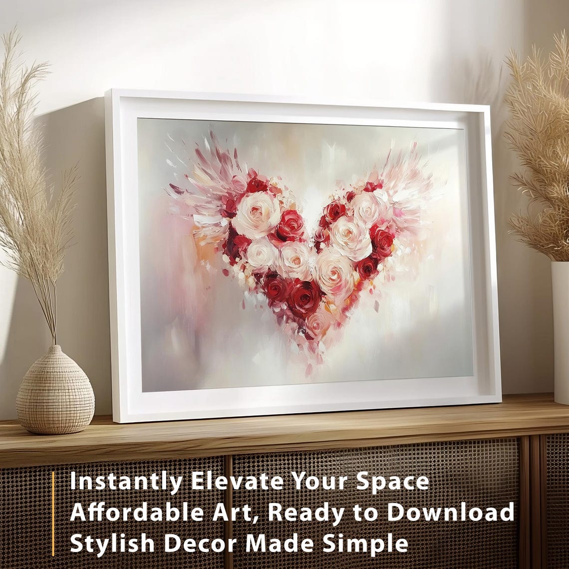Valentines Rose Heart With Wings Vintage Floral Romantic Wall Art - Image 3