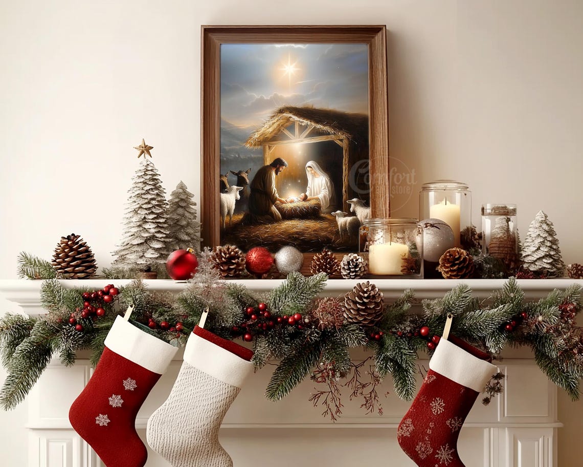 Peaceful Holy Family Nativity in Stable with Animals Star Poster - Image 5