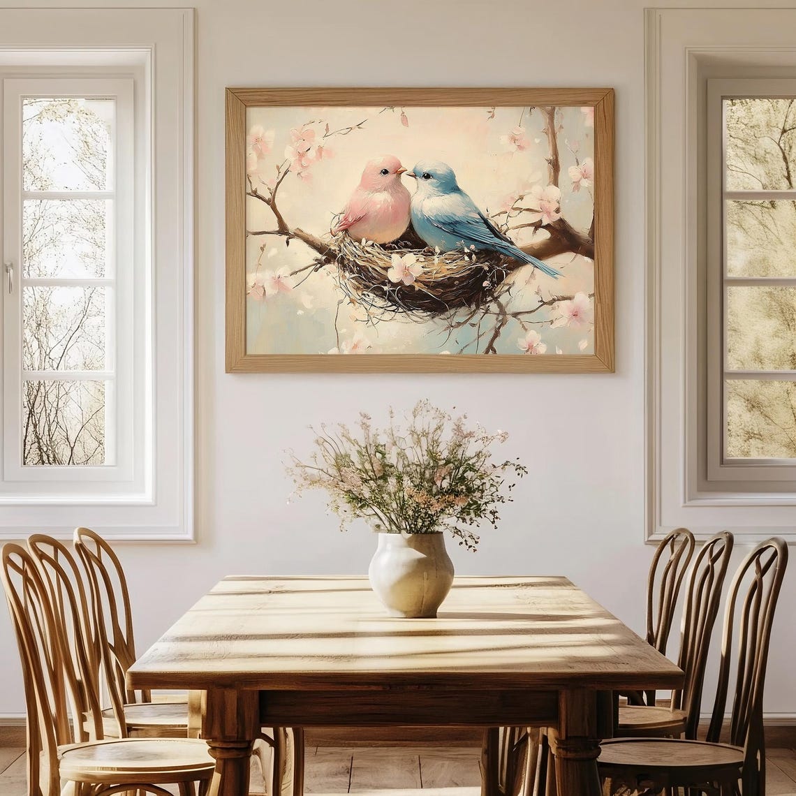 Pink and Blue Lovebirds Kissing Nest Cherry Blossom Love Poster