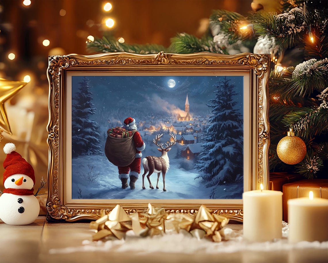 Magical Santa Claus with Reindeer Walking to Snowy Village Poster - Image 7
