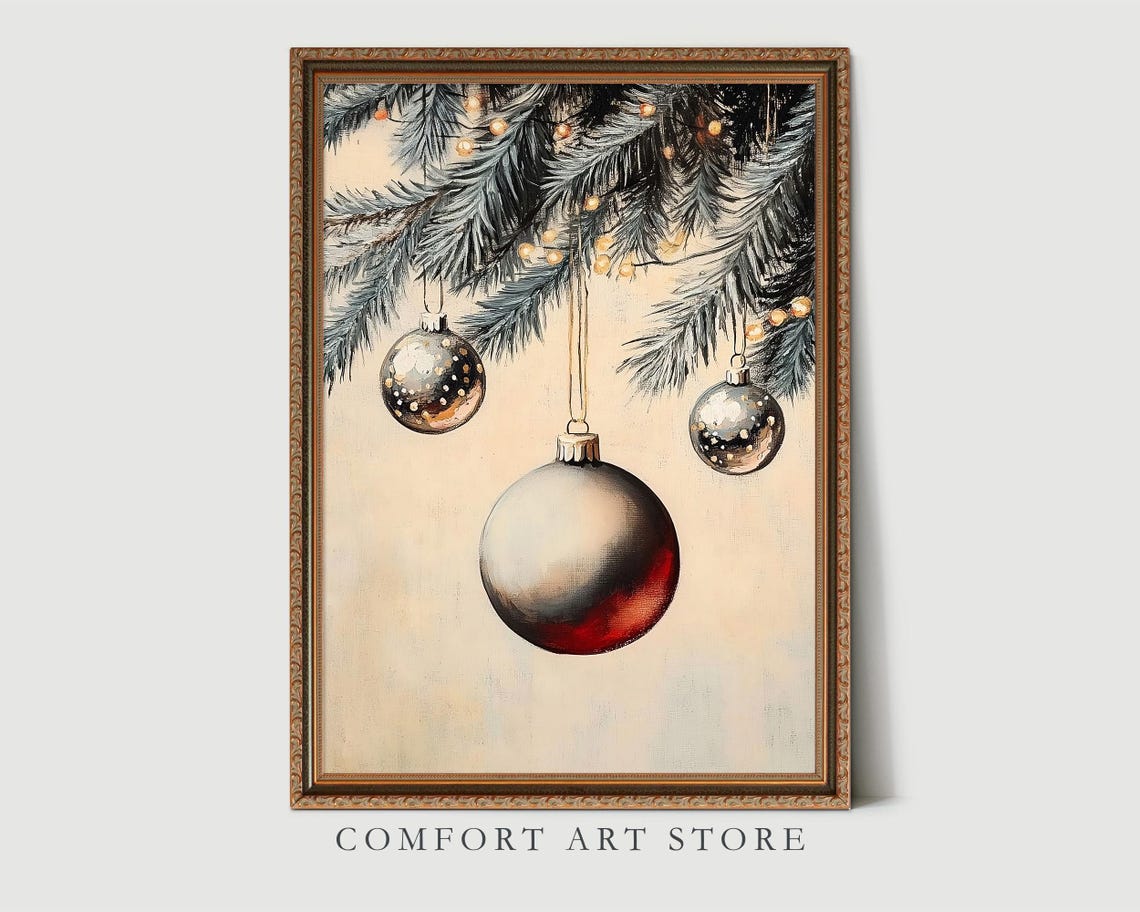 Silver and Red Christmas Ornaments Hanging Fir Branch Poster - Image 4