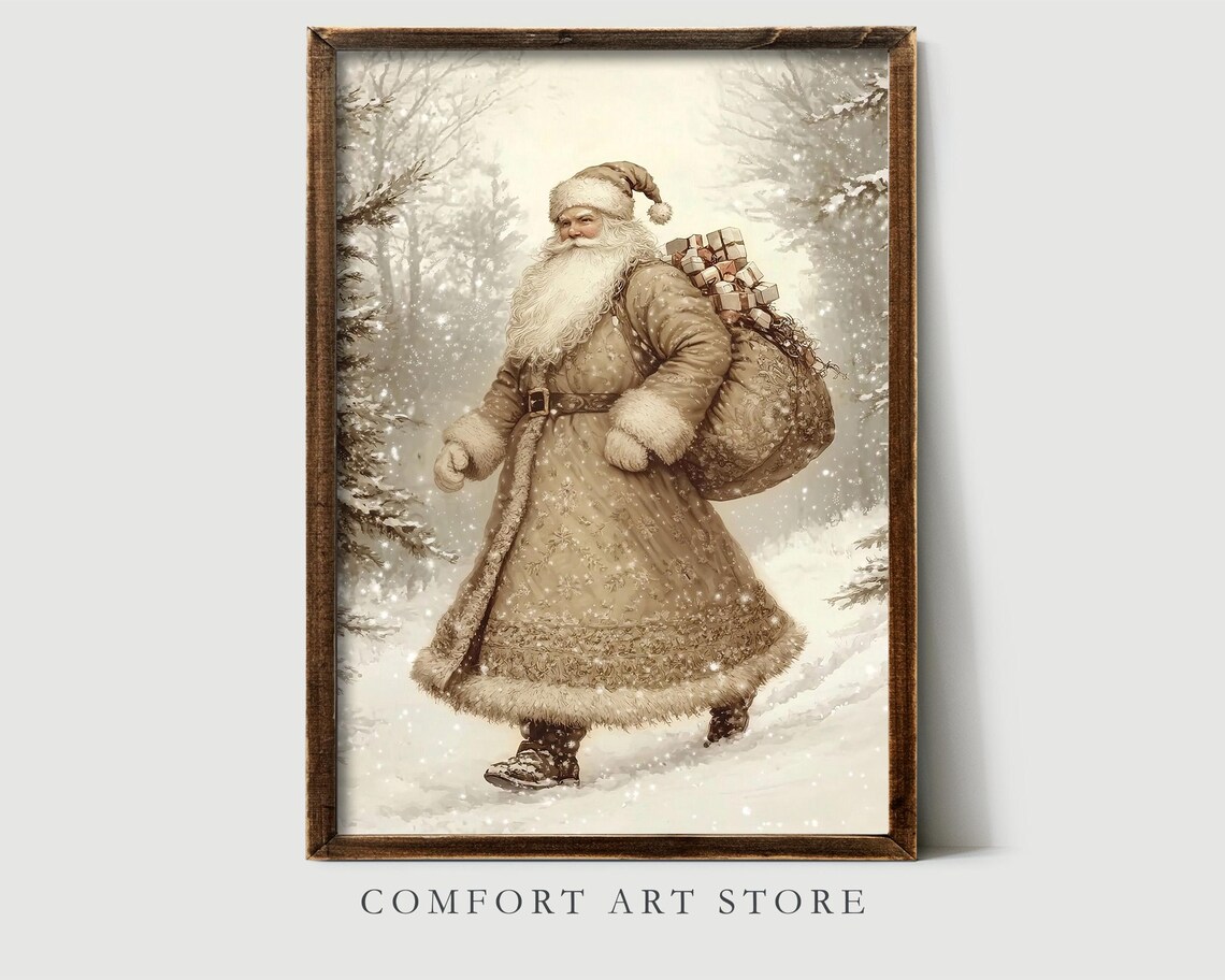Santa Claus Walking Snowy Forest Gifts Sack Vintage Sepia Oil Poster - Image 2