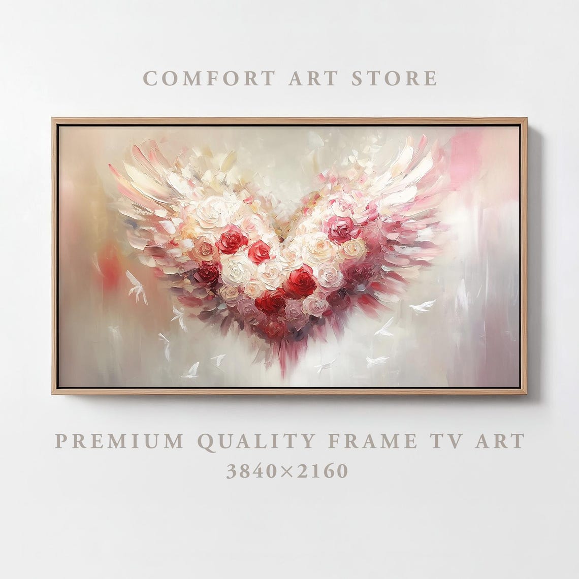 Valentines Rose Heart With Wings Painting Rustic Frame TV Wall Art - Image 5