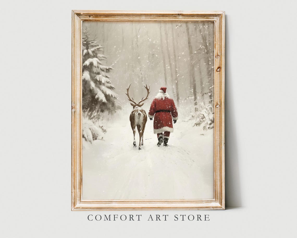 Santa Claus and Reindeer in a Sepia Toned Snowy Forest Poster