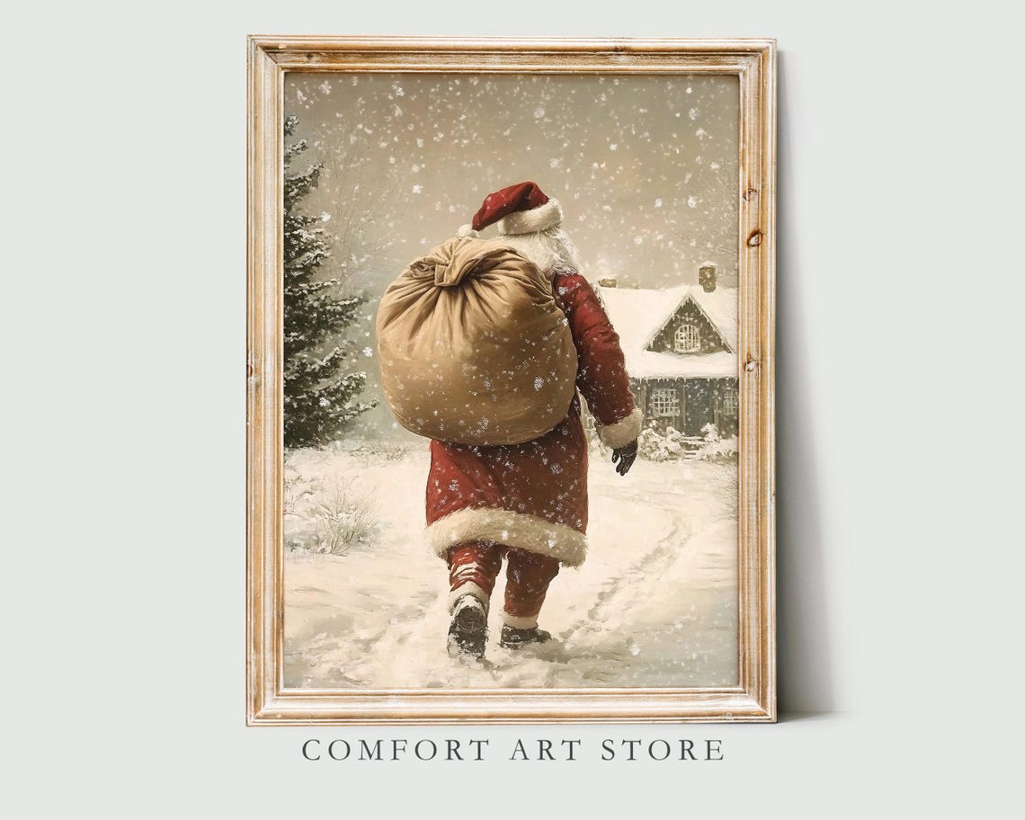 Santa Claus Carrying Gifts on Snowy Path to a Cabin Wall Art