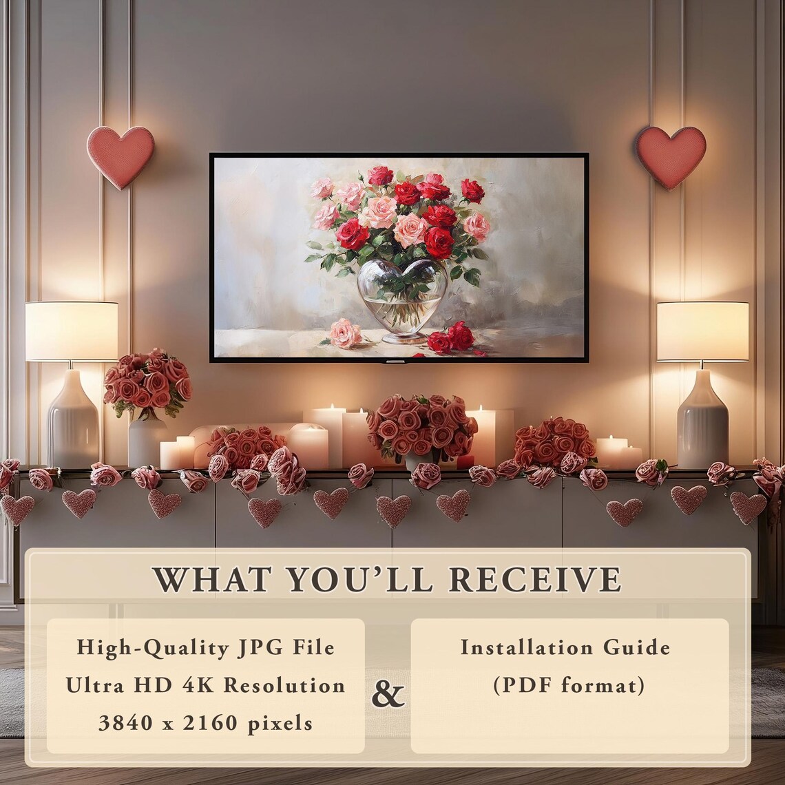 Valentine Heart Vase Roses Vintage Art Print