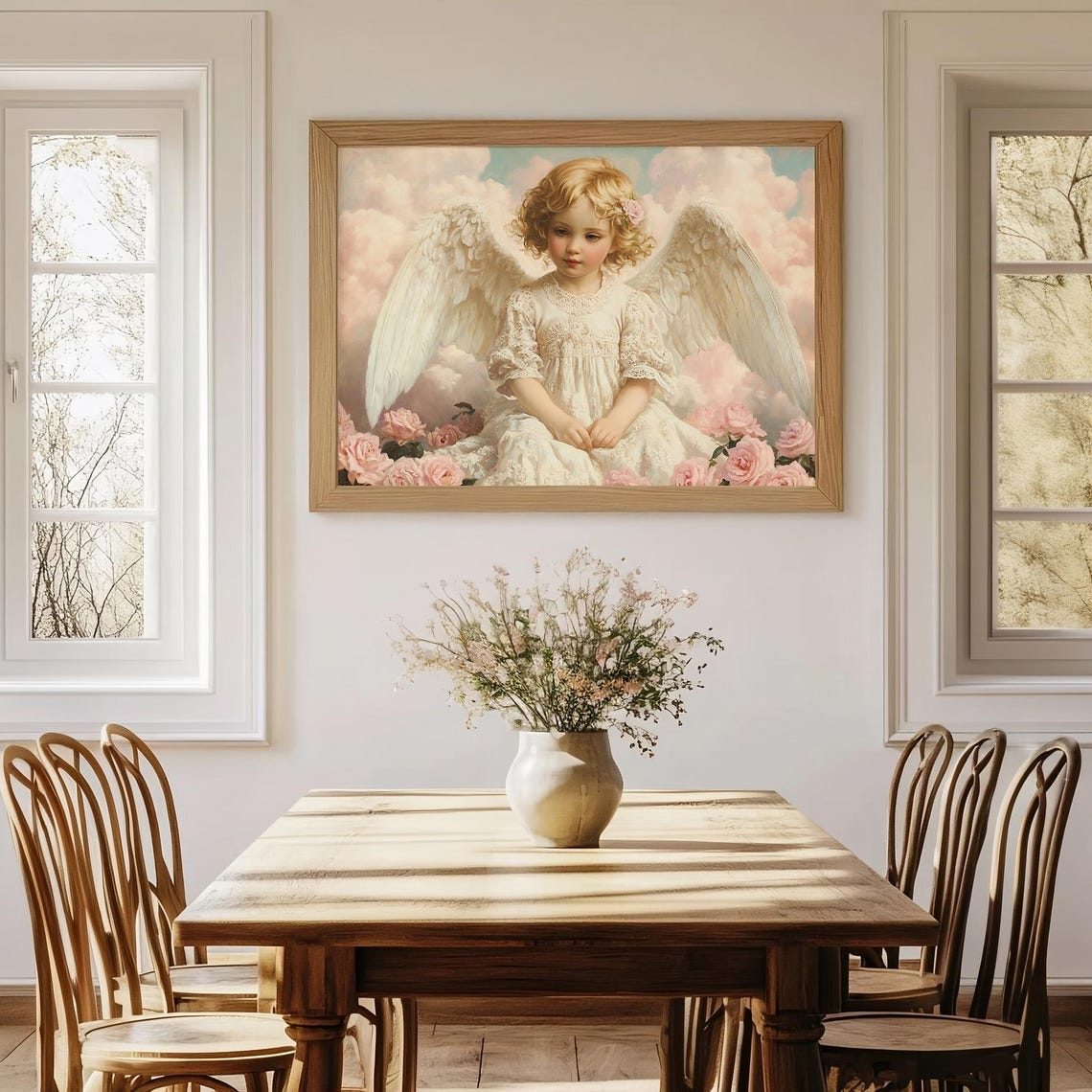 Cherubic Angel Pink Roses Vintage Oil Painting Romantic Wall Poster - Image 5