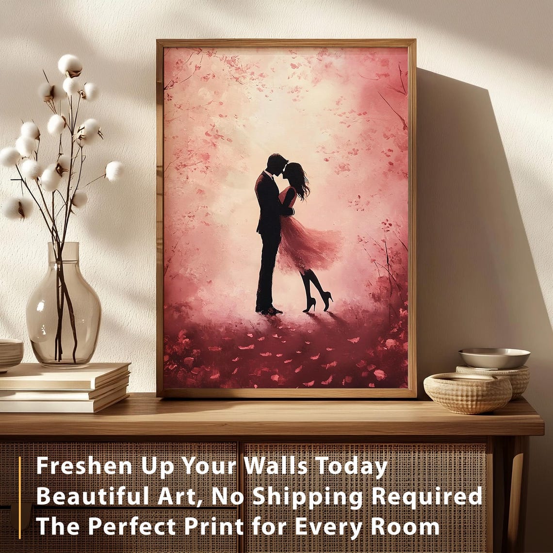 Romantic Couple Silhouette Embracing Under Pink Blossoms Poster - Image 5