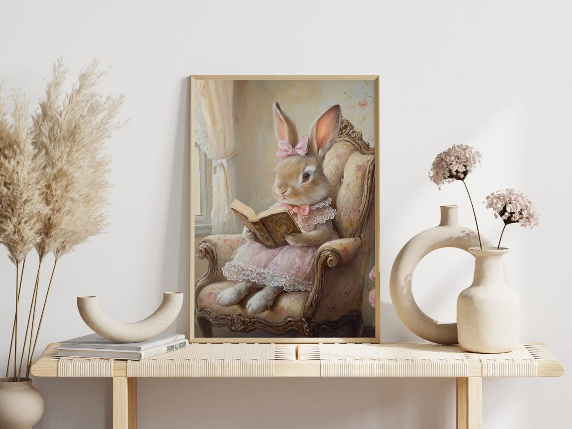 Easter Bunny Reading Book Pink Dress Vintage Nursery Painting Wall Art - Image 3