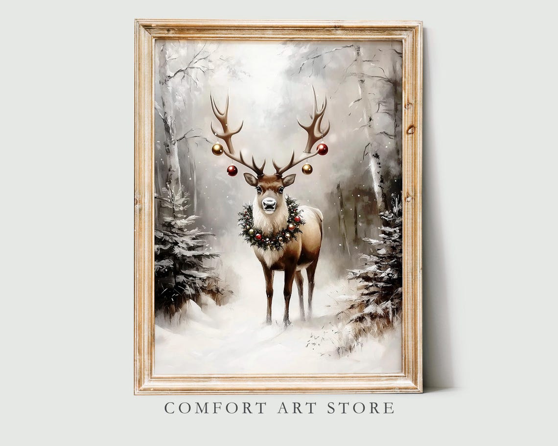 Majestic Deer with Christmas Ornaments on Antlers Snow Poster