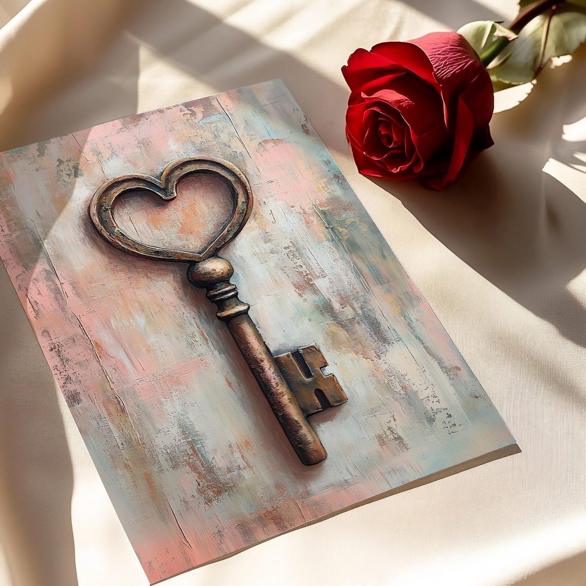 Antique Skeleton Heart Key Distressed Pastel Love Romance Wall Art - Image 5