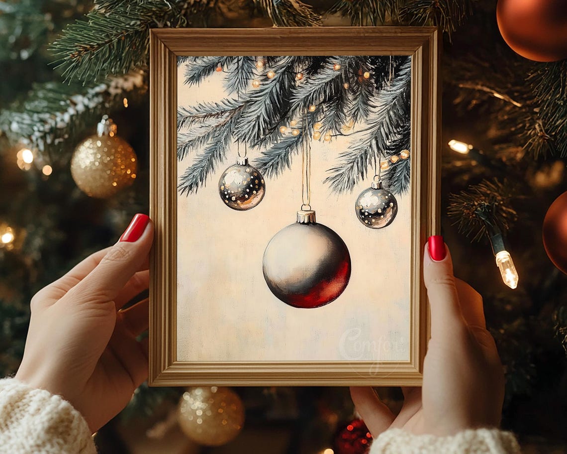 Silver and Red Christmas Ornaments Hanging Fir Branch Poster - Image 7