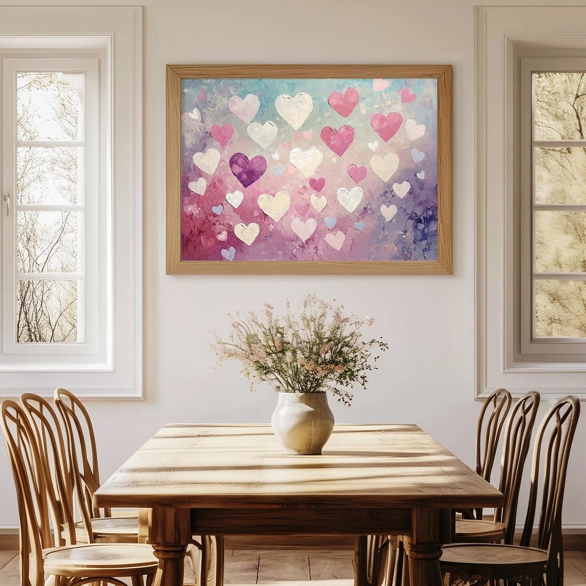 Valentines Pink Lavender Hearts Impasto Painting Pastel Wall Art