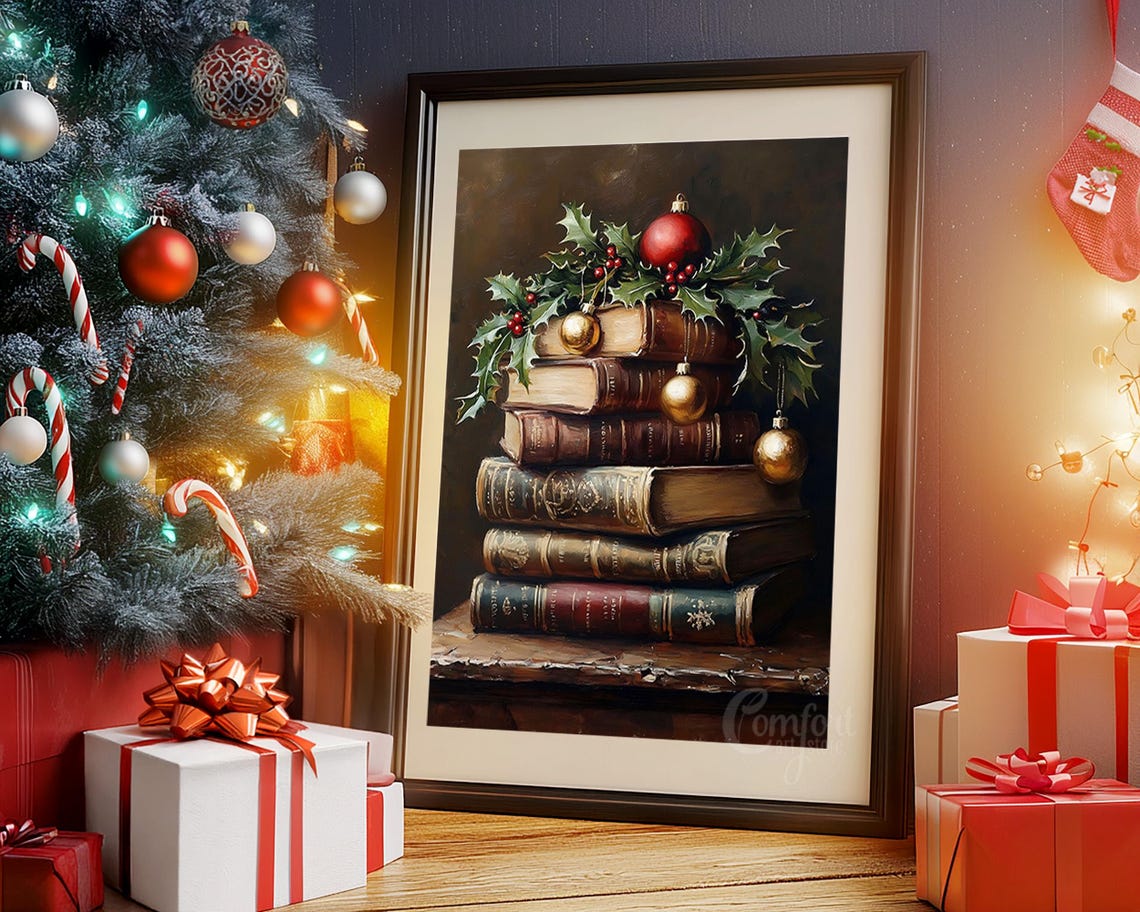 Antique Book Stack With Holly Berries and Christmas Baubles Poster - Image 5